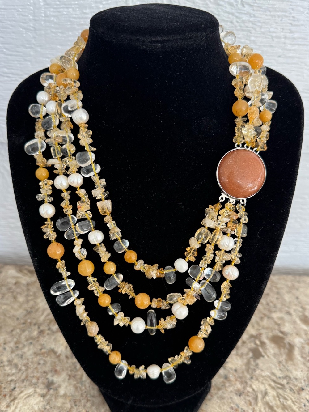 Citrine Quartz Agate Pearl Multi-Gemstone Strands Layered Artisan Necklace